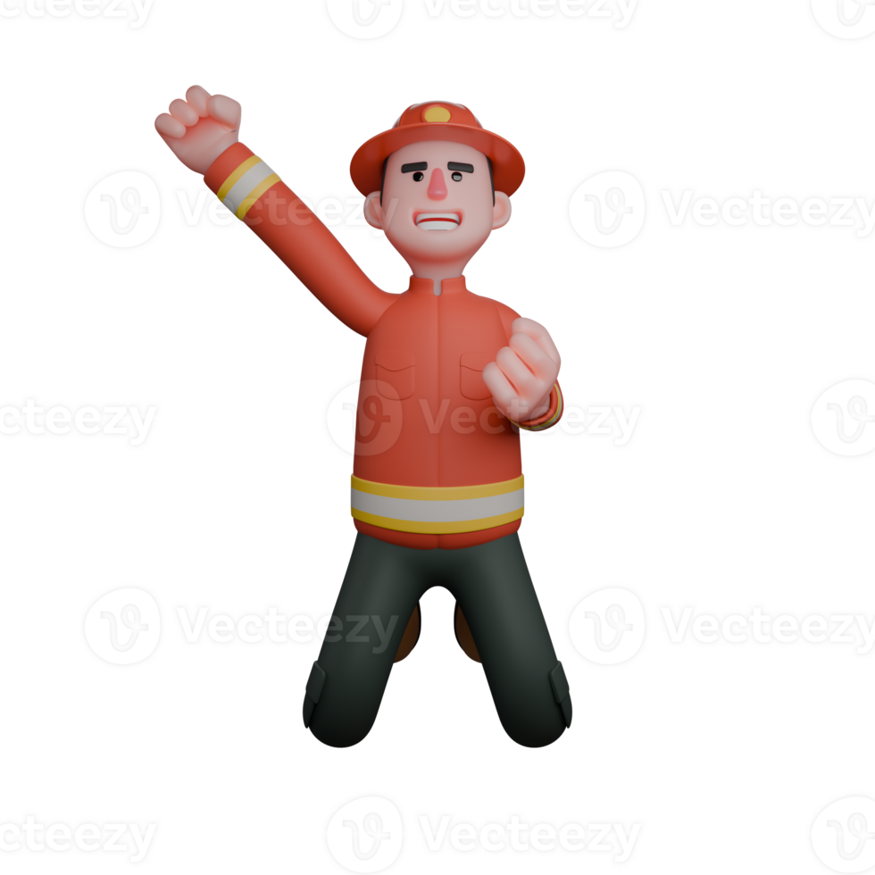 3D Illustration of a Firefighter. A firefighter kneels on both knees while raising one hand up and clenching the other with an expression of determination and spirit. Male Firefighter png