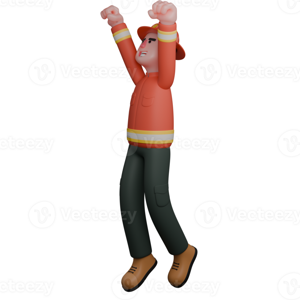 3D Firefighter Character. A firefighter is seen raising both hands in the air with an enthusiastic and happy expression. Professional Rescue Cartoon png