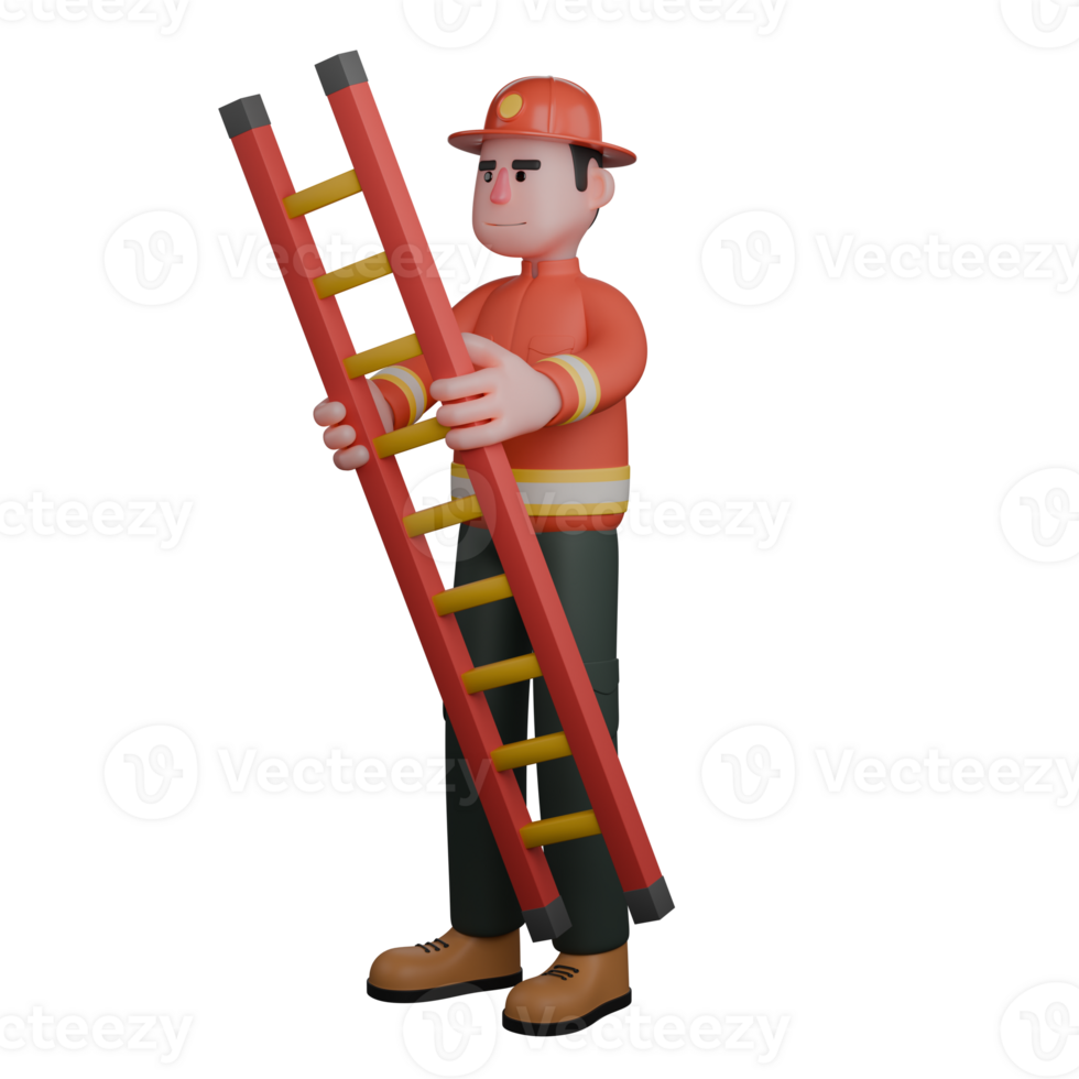 Male Firefighter in 3D. A firefighter holds a red ladder png