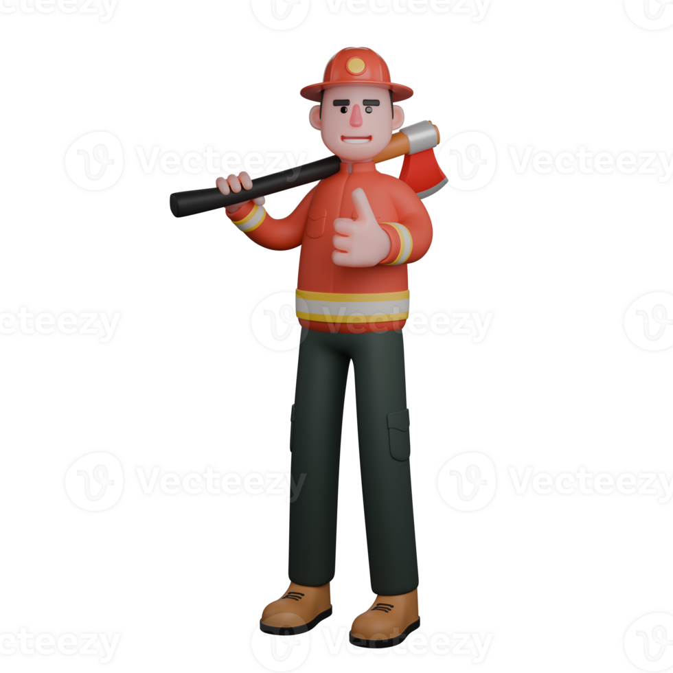 Professional Firefighter 3D. A firefighter holds a rescue axe on his shoulder. Male Lifesaver png