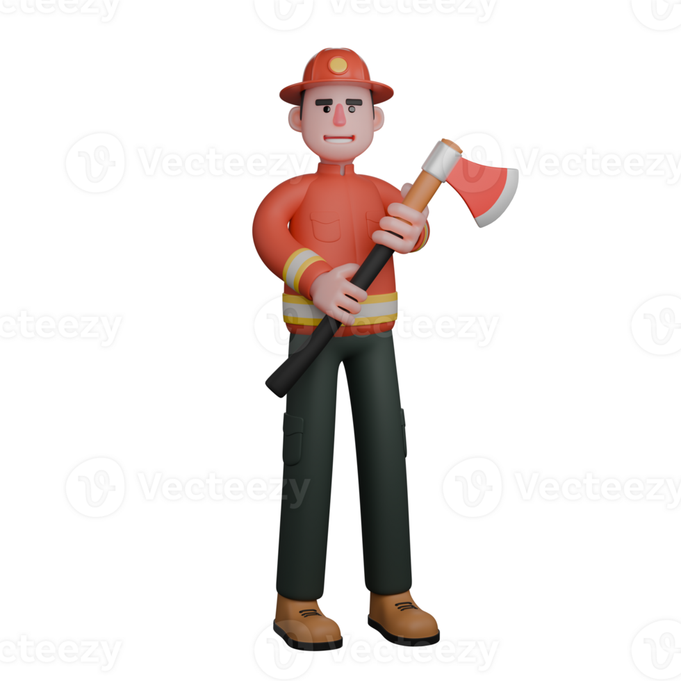 Firefighter Character 3D. A firefighter is holding a rescue axe with a firm and ready grip. Illustrated Male Hero png