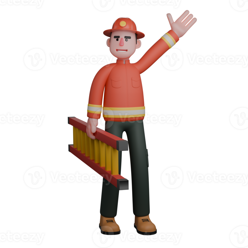 Male Firefighter Character. A firefighter stands holding a ladder in one hand and raises the other. 3D Rescue Style png
