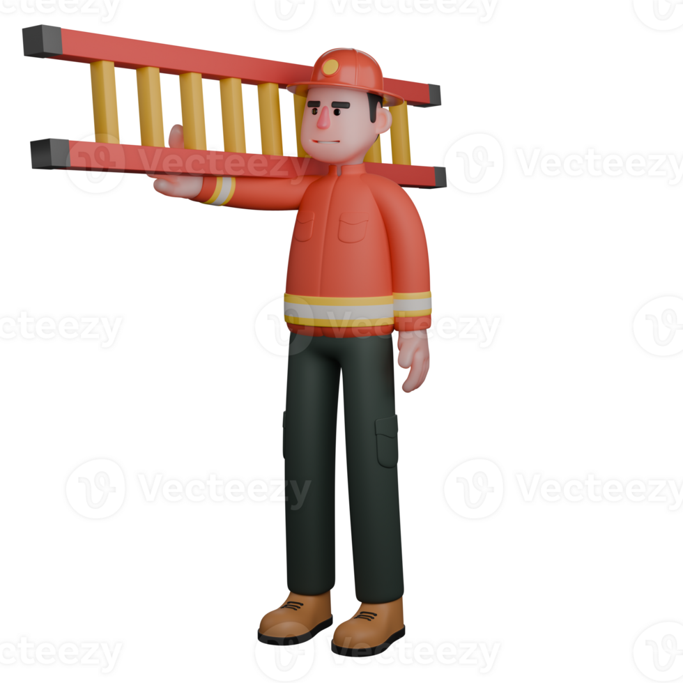 Firefighting Expert 3D. A firefighter carries a ladder on his shoulder. Fireman Cartoon png