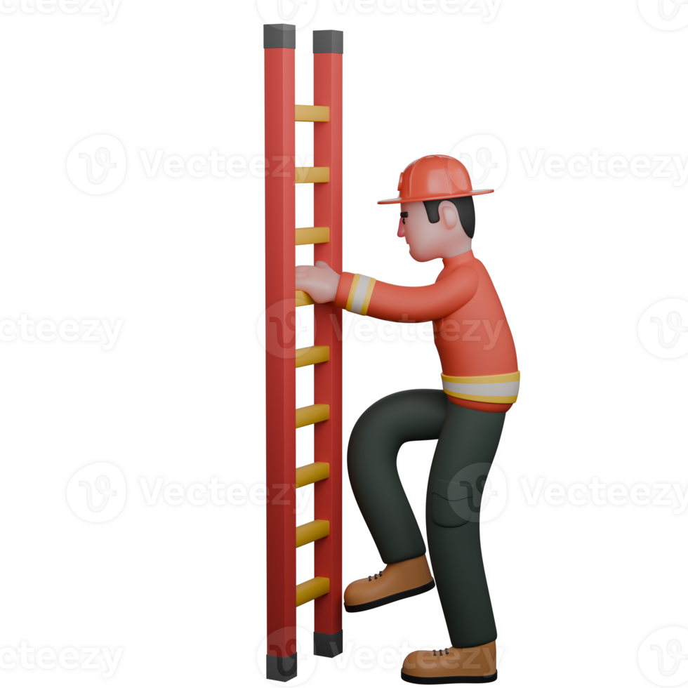 Male Firefighter in Action. A firefighter is carefully climbing a ladder, preparing to perform a rescue or inspection at height. 3D Firefighting Scene png