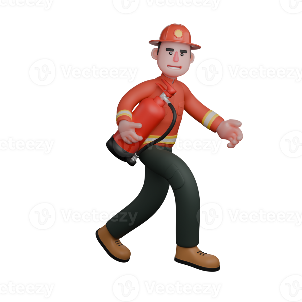 3D Male Firefighting Expert. A firefighter is running swiftly while carrying a fire extinguisher. Illustrated Character png
