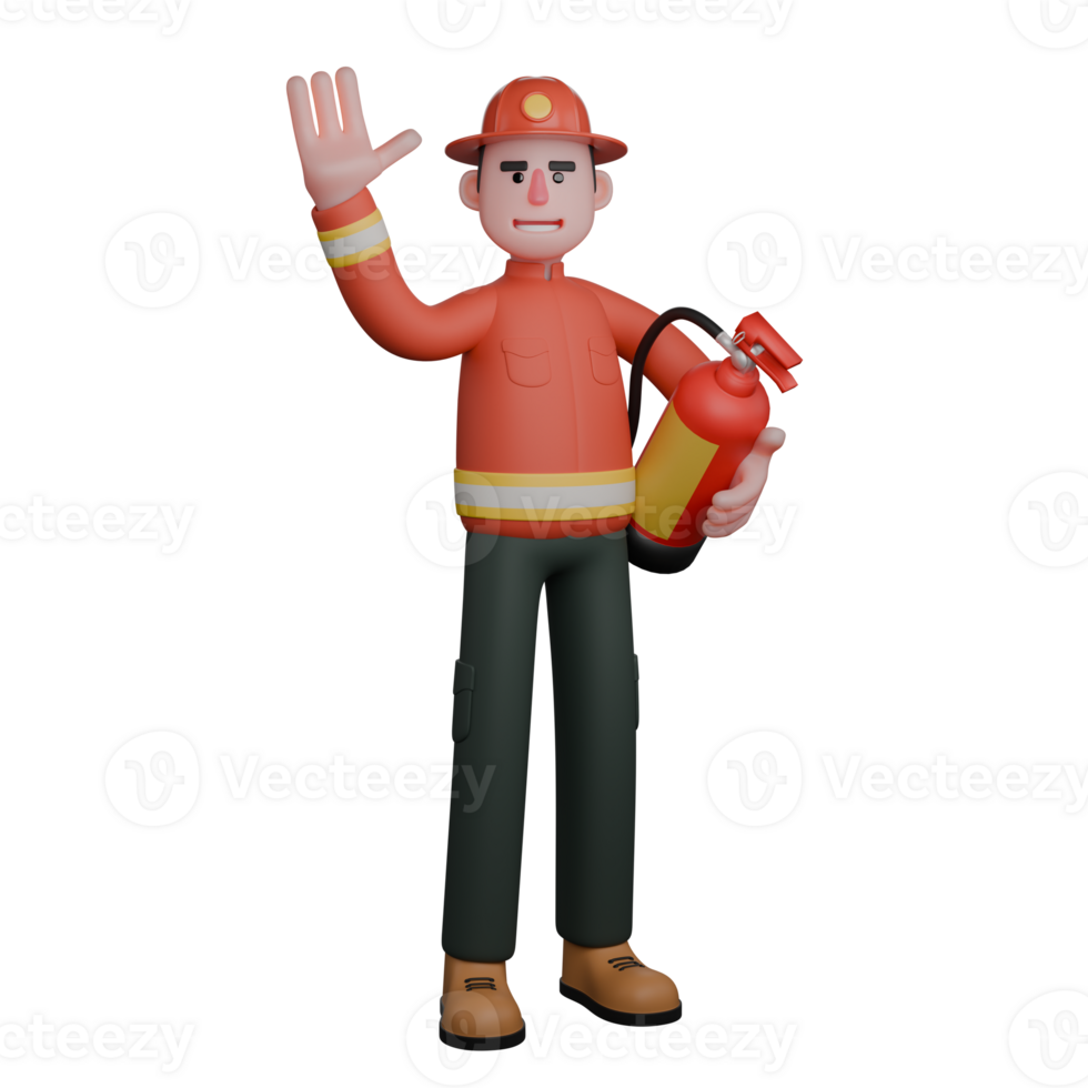 Fire Service Leader in 3D. A firefighter is waving while holding a portable fire extinguisher. Cartoon Firefighter png