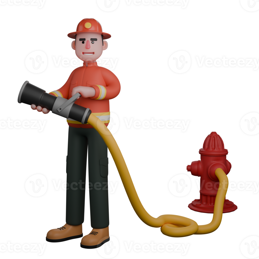 of a Professional Firefighter. A firefighter is preparing with a water hose connected to a hydrant. 3D Male png