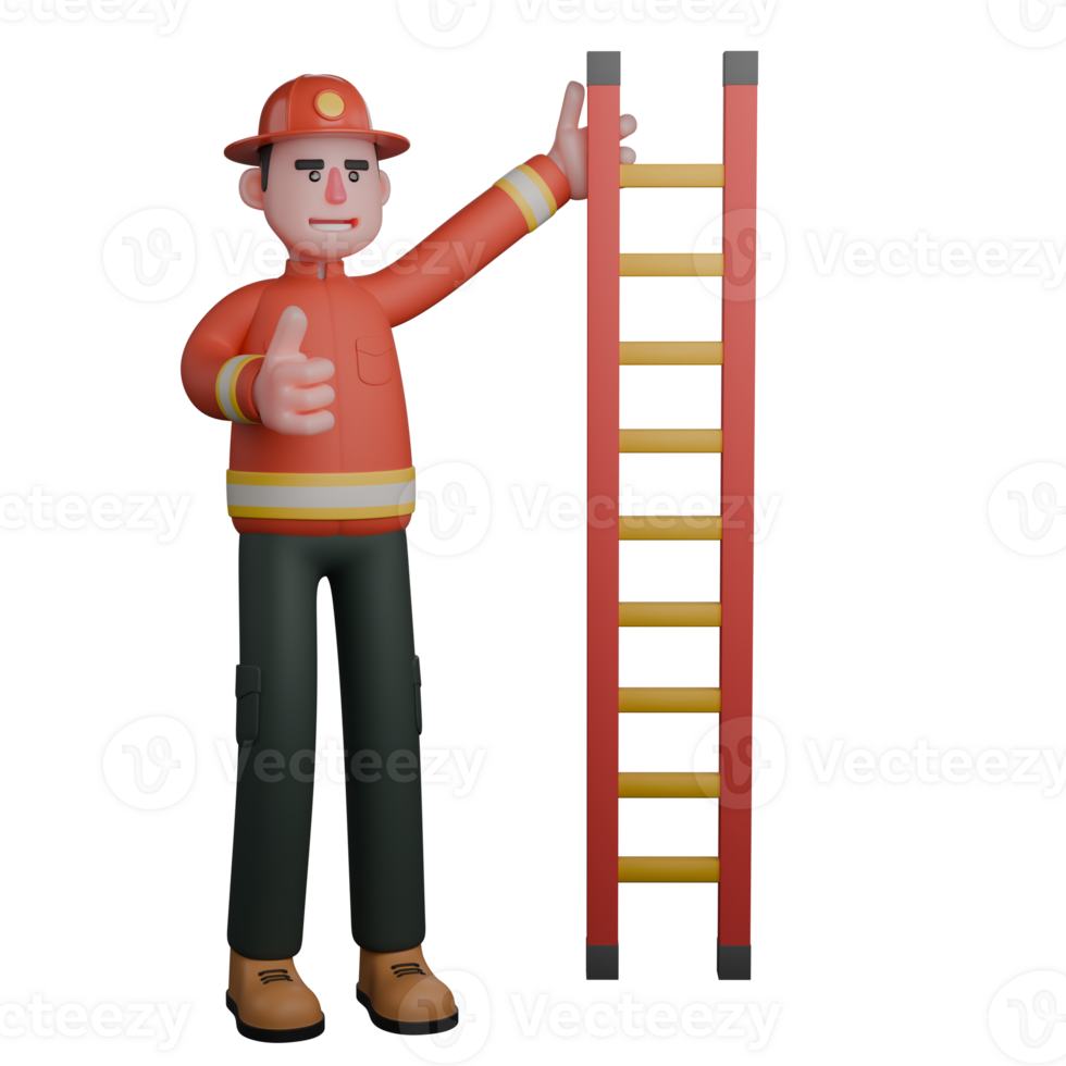 Professional Fireman Character. A firefighter stands beside a ladder, pointing towards it with one hand while giving a thumbs-up with the other. 3D Male Model png