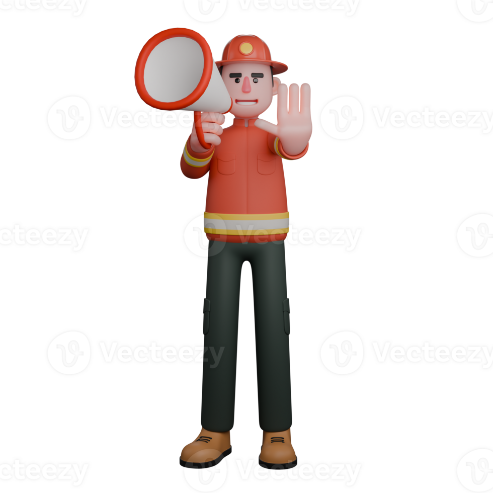 Illustrative 3D Male Firefighter. A firefighter is walking while holding a megaphone in his right hand and his left hand is signaling to stop. Firefighting Leader png