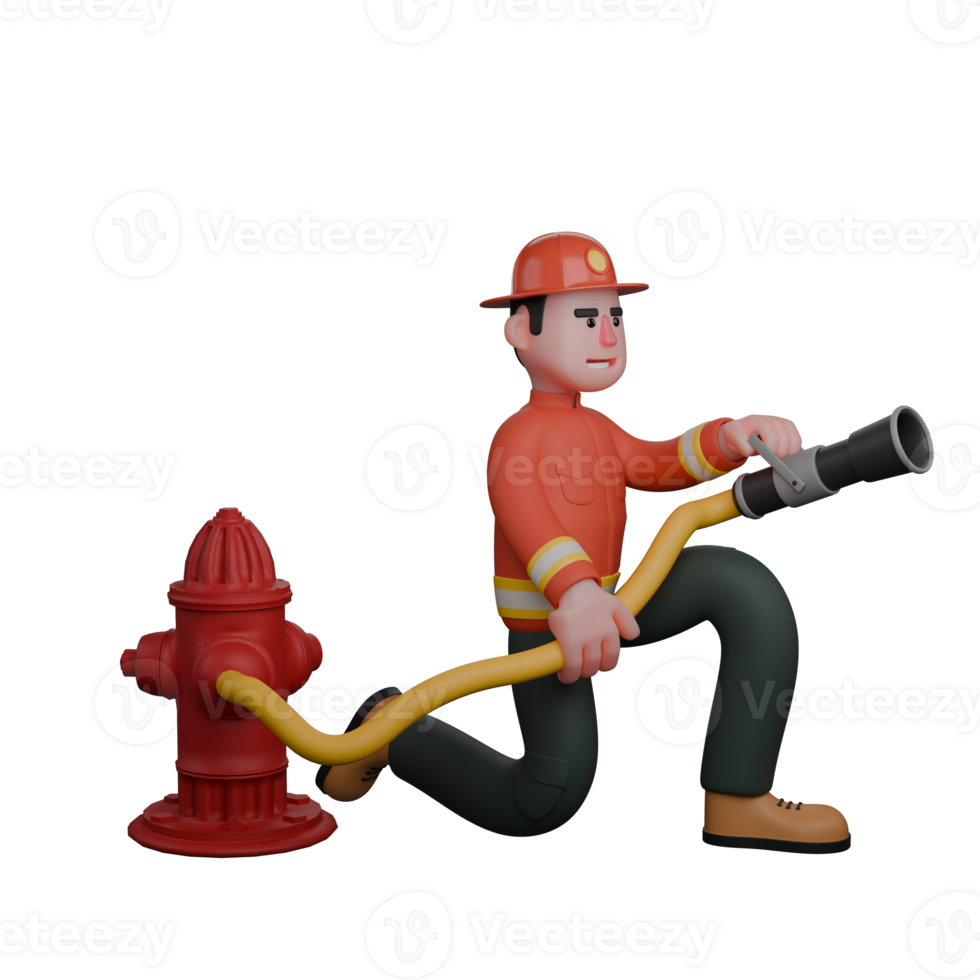 Professional Male Firefighter in 3D. A firefighter is in a kneeling position, holding a fire hose connected to a hydrant. Rescue Character png
