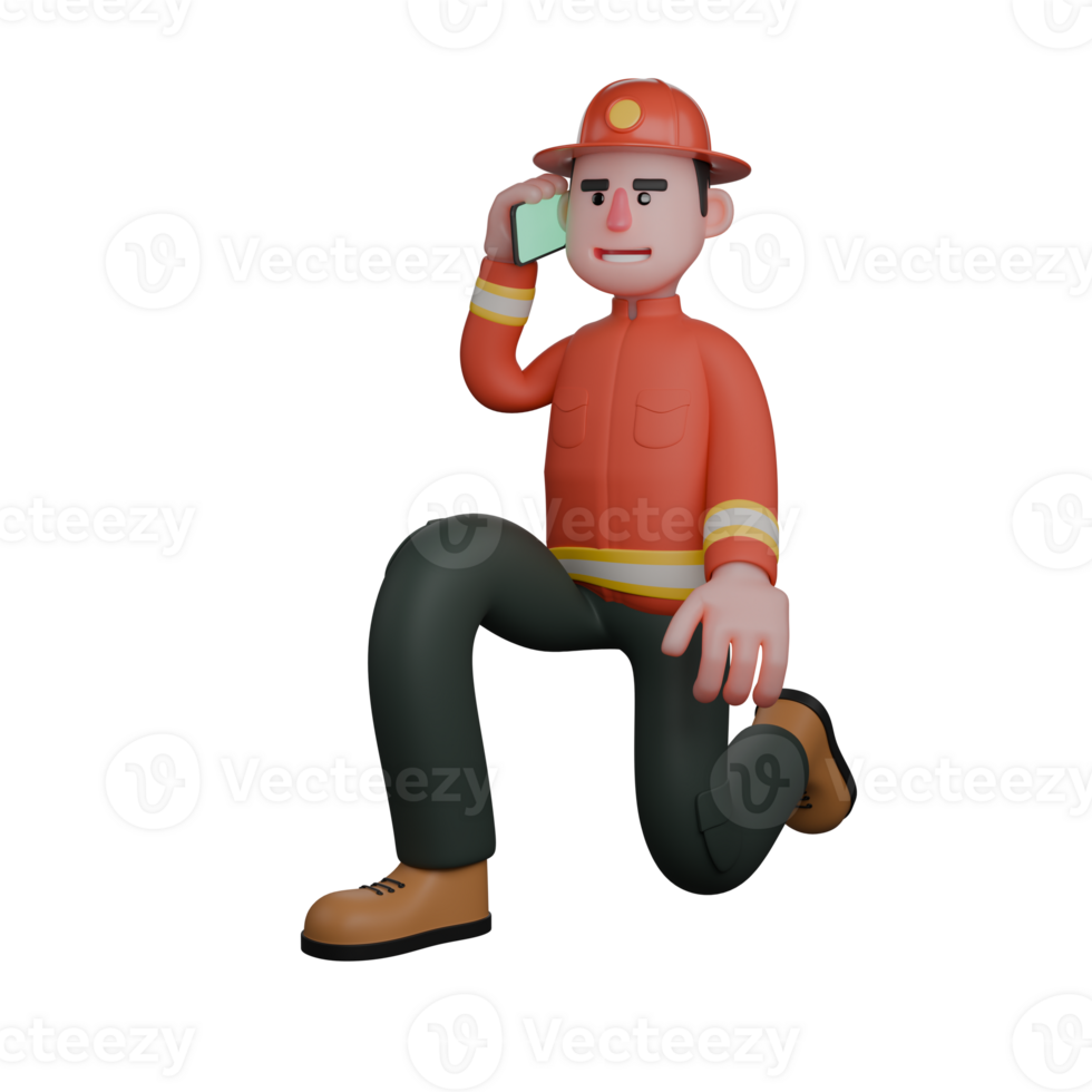 Professional Firefighter 3D Art. A firefighter kneels while making an emergency call on the phone. Male Character png