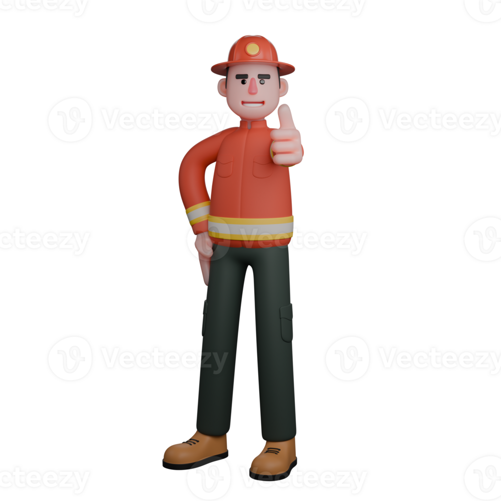 3D Animated Firefighter. A firefighter stands with one hand on his hip while giving a thumbs-up gesture. Male Rescue Figure png