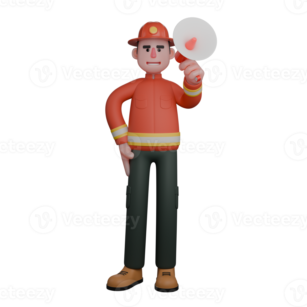 3D Firefighting Expert. A firefighter is holding a megaphone in one hand, ready to give instructions or warnings loudly and clearly. Cartoon Male Firefighter png