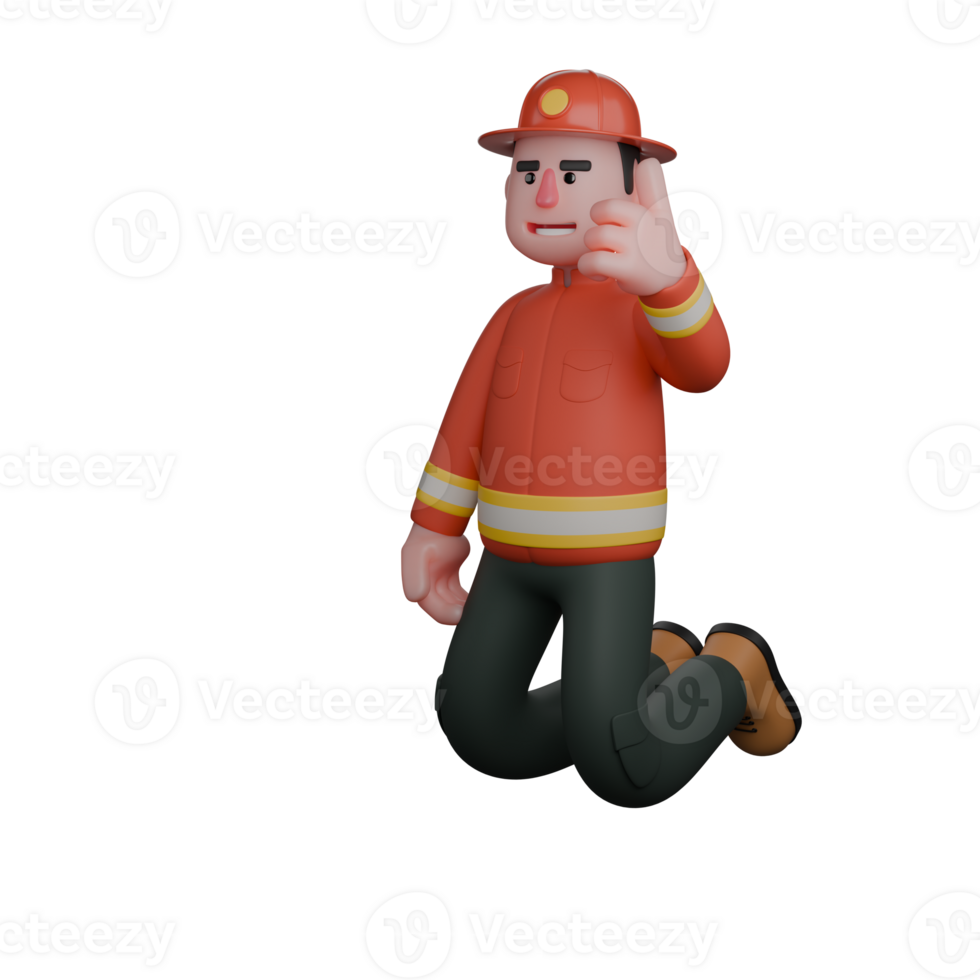 Animated Male Firefighter. A firefighter kneels while giving a thumbs-up gesture, expressing confidence and encouragement to their team. 3D Professional png