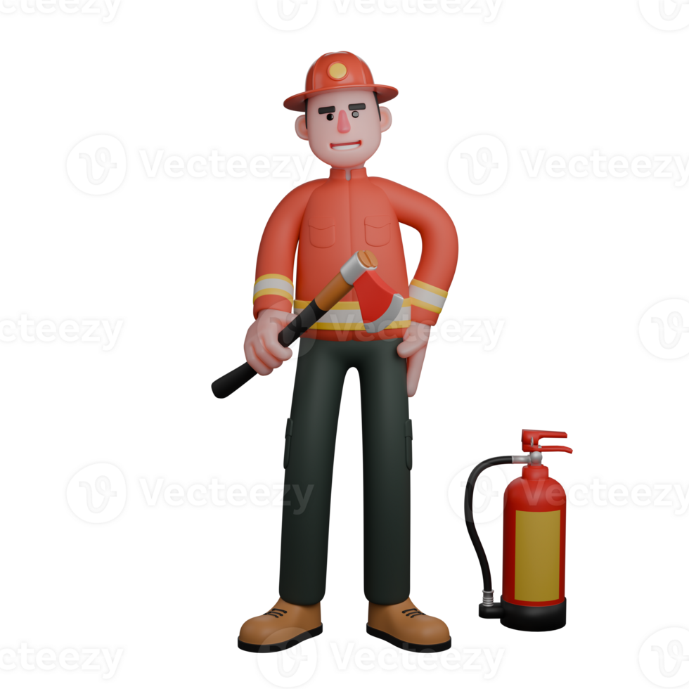 Professional Male in Firefighting. A firefighter stands calmly, holding a fire axe in his hand while a fire extinguisher is positioned next to him. 3D Firefighter Cartoon png