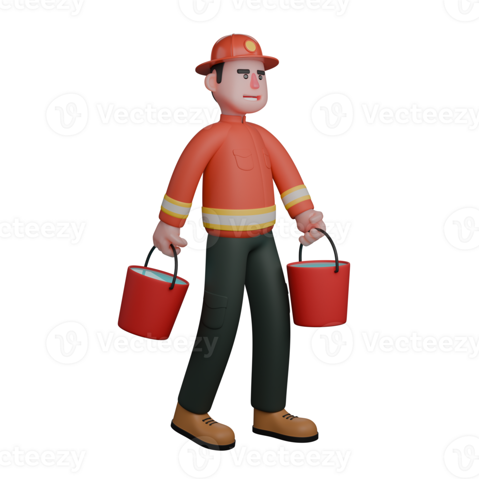 Male Firefighter Fire Professional. A firefighter walks while carrying 2 buckets of water. 3D Cartoon png