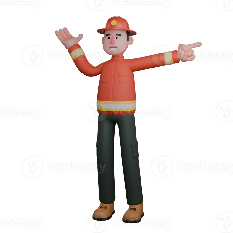 Illustrated Fire Professional. A firefighter is giving instructions or directions with his hands pointing in two different directions.. 3D Male Firefighter png