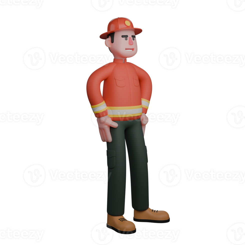 Male Firefighter in Fire Setting. A firefighter is standing with both hands on his hips. 3D Character png