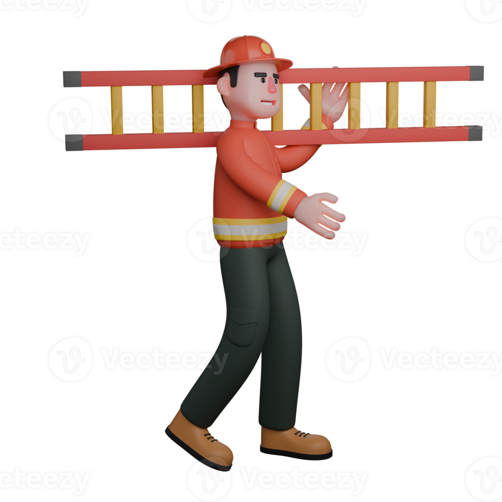 Cartoon Style Fire Rescuer. A firefighter walks while carrying a ladder on his shoulder, showing readiness to handle emergency situations in highlands. 3D Male Firefighter png