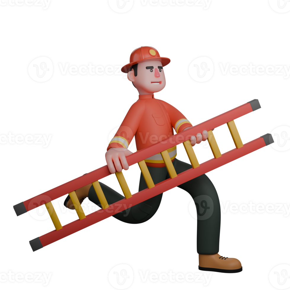3D Firefighting Character. A firefighter runs while carrying a ladder, ready to rescue victims or extinguish a fire at a higher location. Male Firefighter png