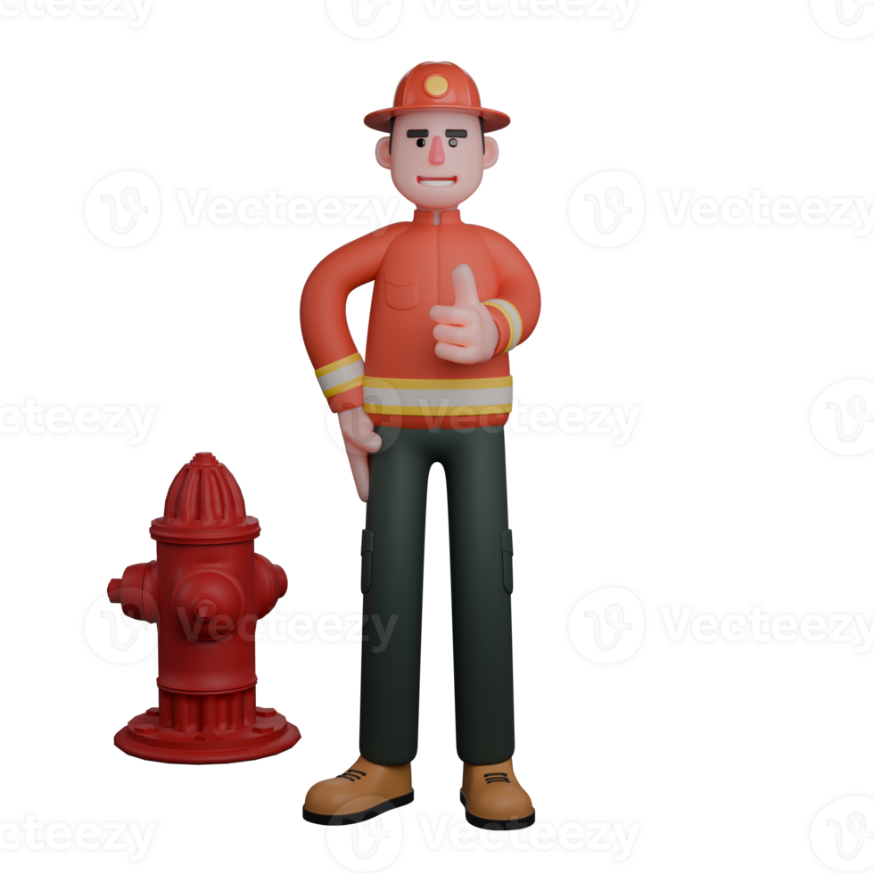 Firefighter's Daily Routine in 3D. A firefighter stands confidently beside a red hydrant. Male Cartoon png