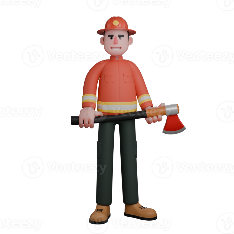 3D Professional in Firefighting. A firefighter stands upright, holding an axe with both hands in front of him. Male Firefighter png