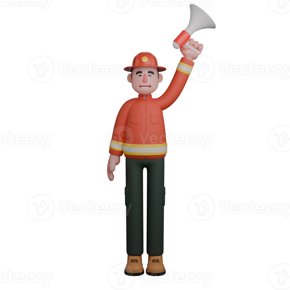 Professional 3D Firefighter. A firefighter raises a megaphone above his head, giving a signal or instruction to his colleagues. Male Firefighting Expert png