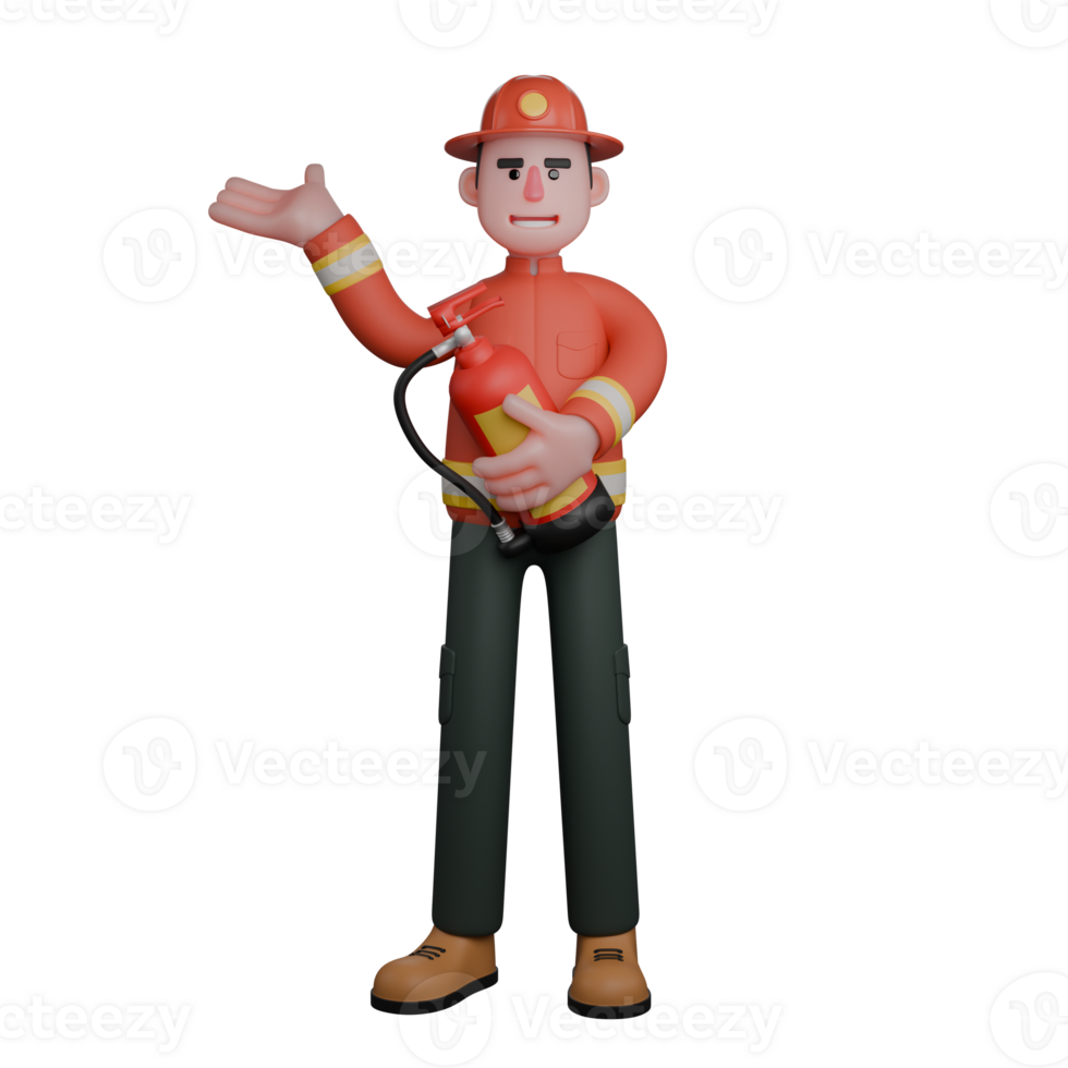 Male Firefighter Professionalism in 3D. A firefighter holds a fire extinguisher in one hand while gesturing or giving directions with the other. Rescue Cartoon png