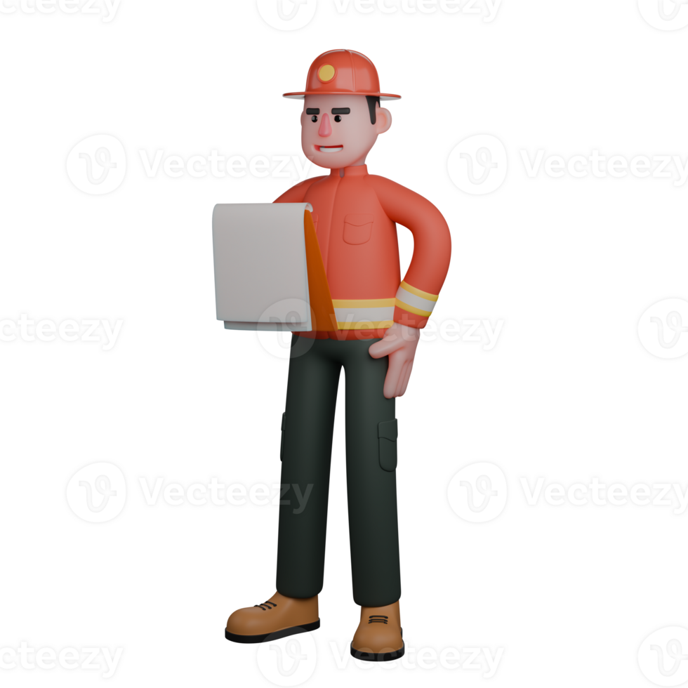 Male Heroic Firefighter 3D. A firefighter stands firmly while holding a clipboard in one hand. Professional png