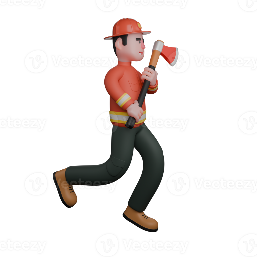 Illustrated Firefighting Expert. A firefighter is running while holding an axe, demonstrating readiness and responsiveness in emergency situations. 3D Male Firefighter png