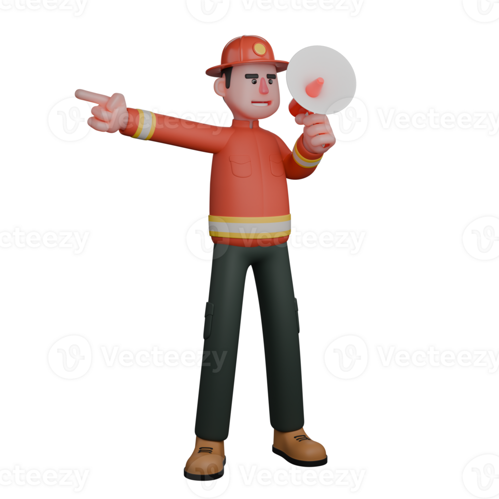 Animated Professional Firefighter. A firefighter uses a megaphone to give instructions to the team or the public. 3D Male png