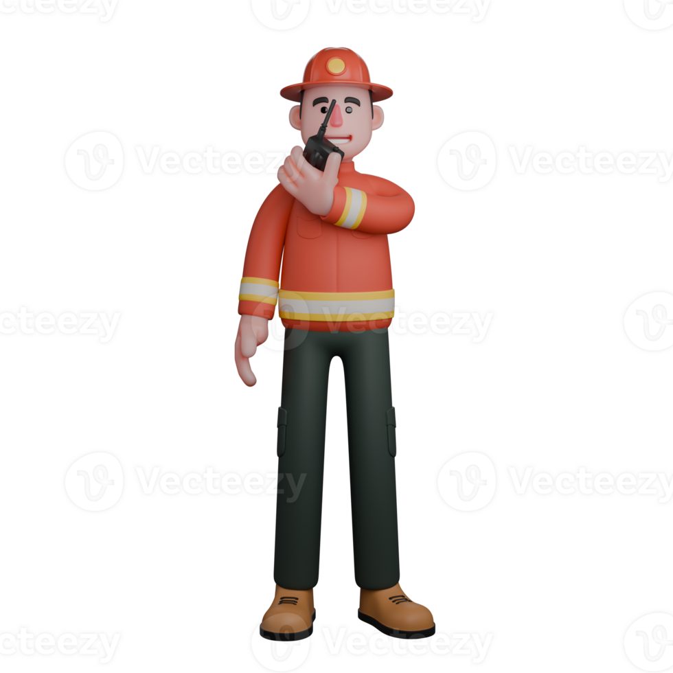 Male Rescue 3D Animation . A firefighter stands with his left hand holding a walkie-talkie to provide information. Firefighter png