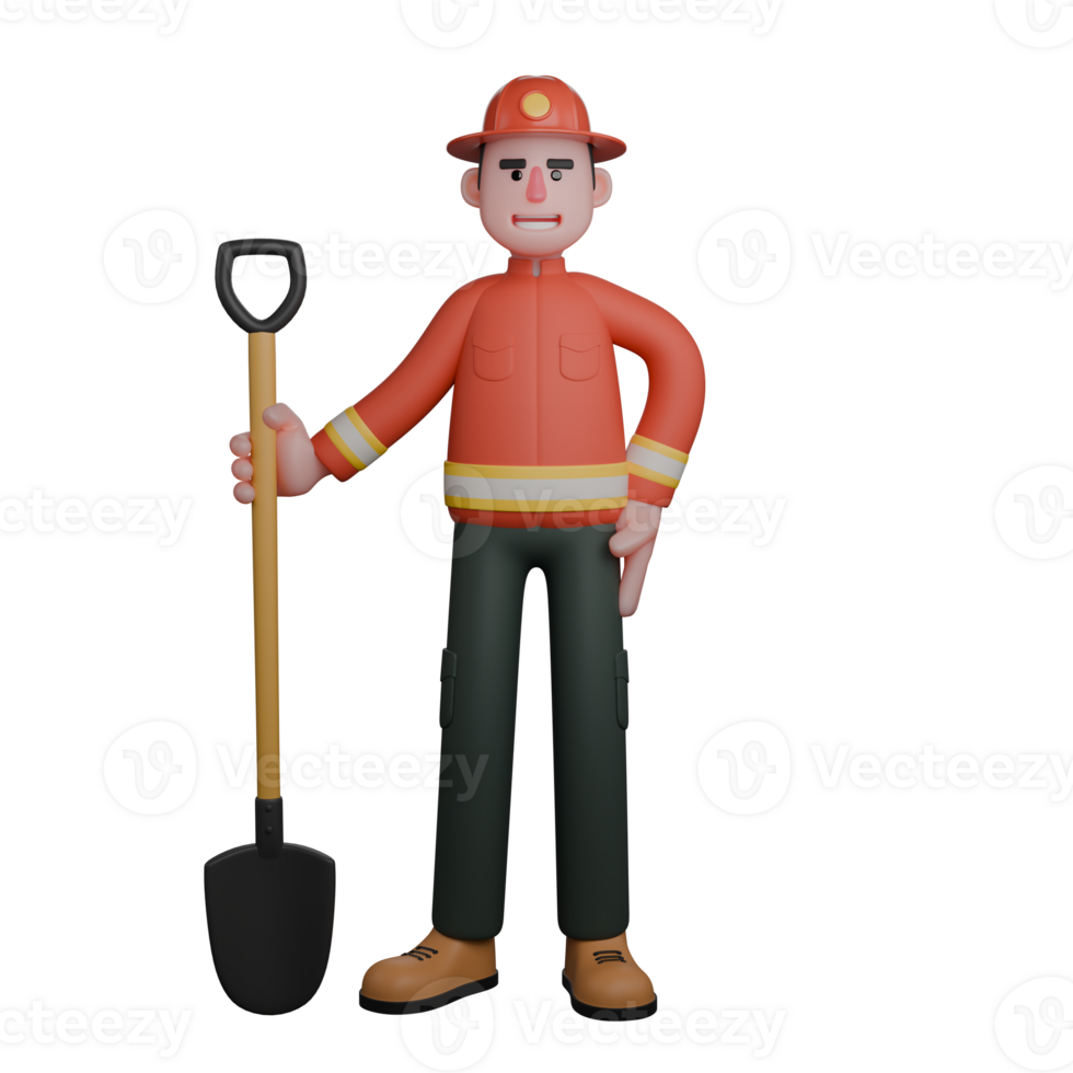 Male Firefighter 3D A firefighter is standing holding a shovel in his right hand. Professional png