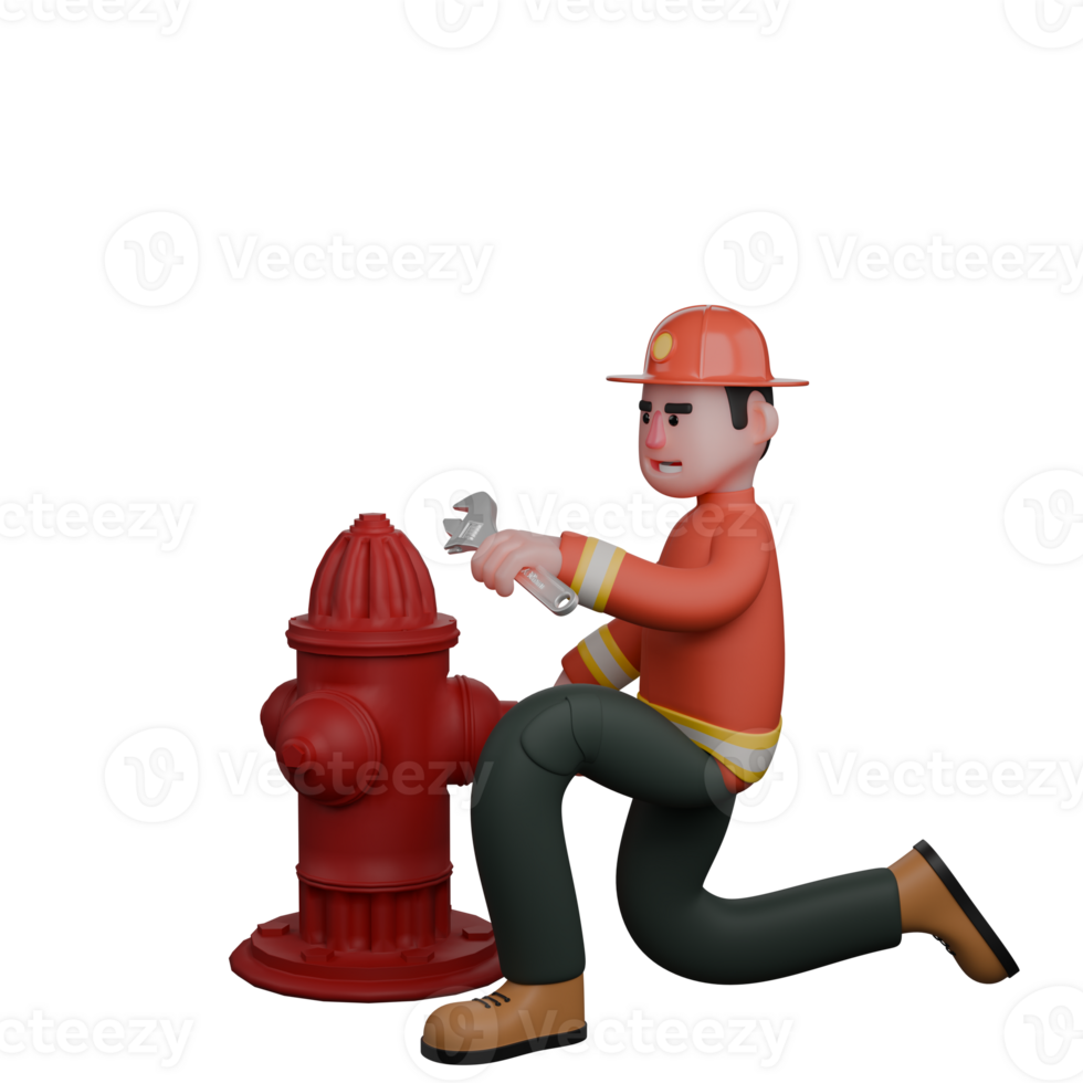 3D Male Firefighter in Station. A firefighter is kneeling with his right hand carrying a nipple wrench png