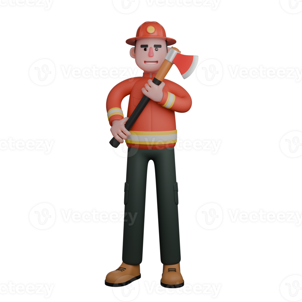 3D Male Firefighter in Action. A firefighter holds an axe in his hands in a ready position. Professional Character png