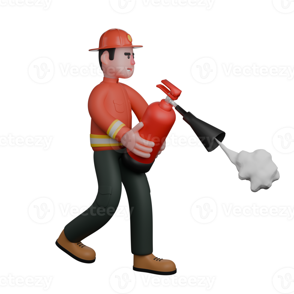 3D Firefighting Practitioner. A firefighter is using a fire extinguisher to put out a small fire. Male Firefighter png