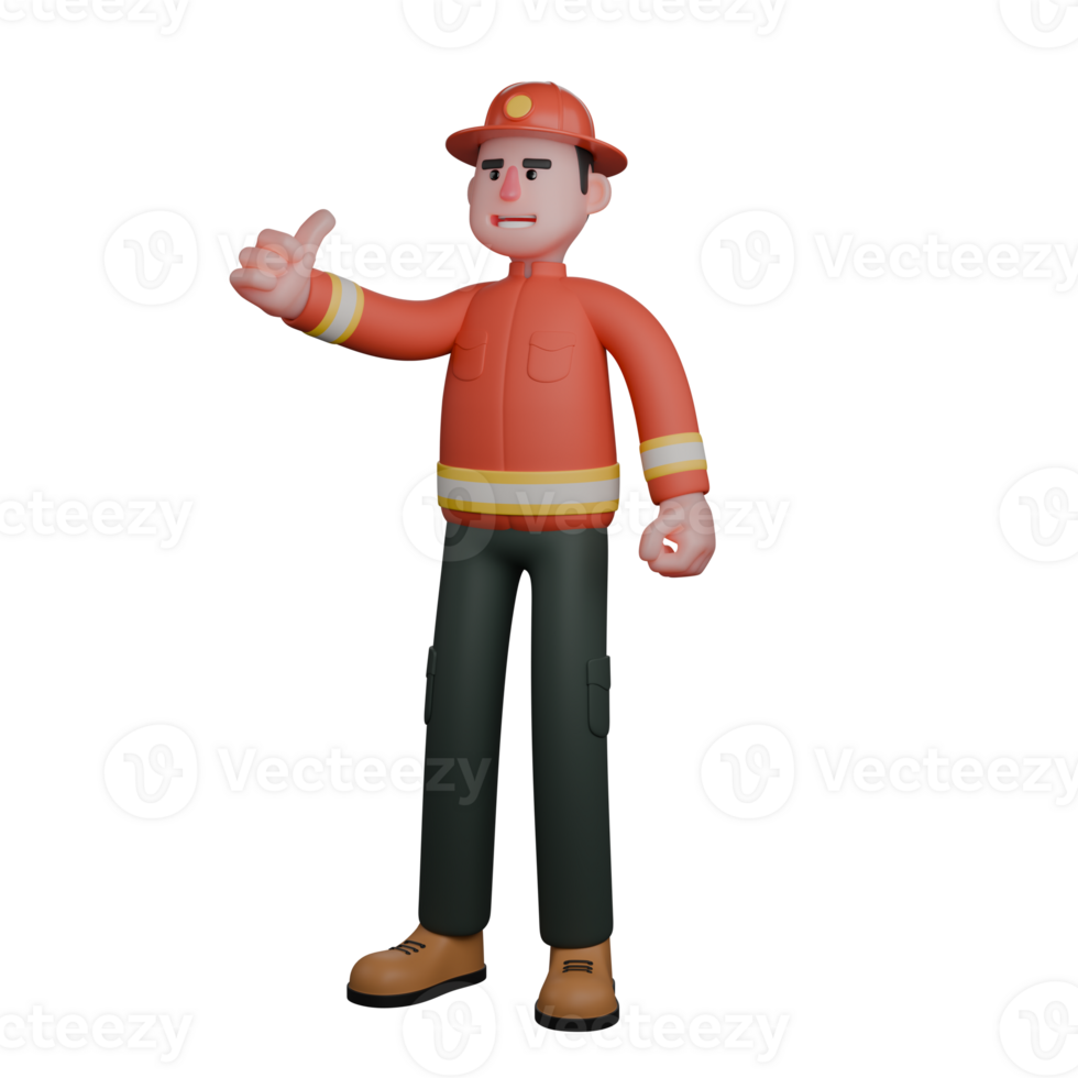 3D Male Firefighter. A firefighter is standing with his right hand raised as if giving a like symbol. Professional Rescue Character png