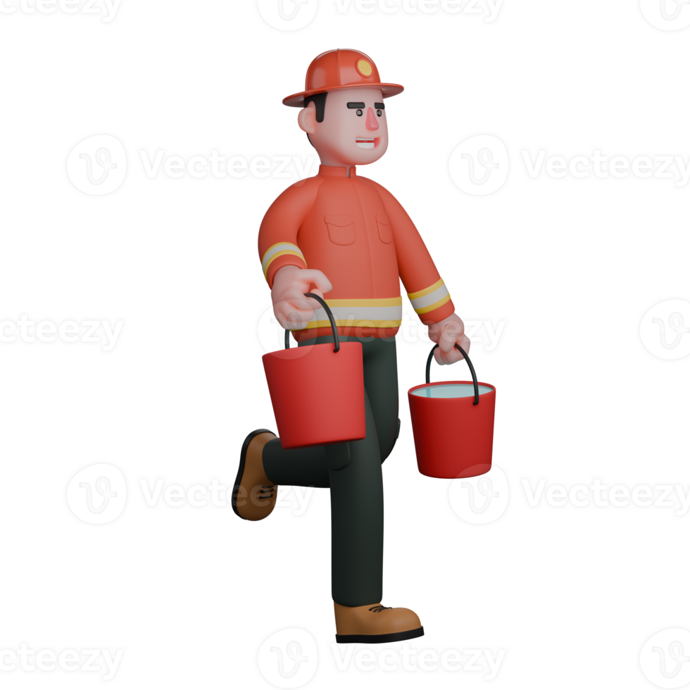 Cartoon Professional Firefighter. A firefighter is walking with two buckets in both hands. 3D Male png