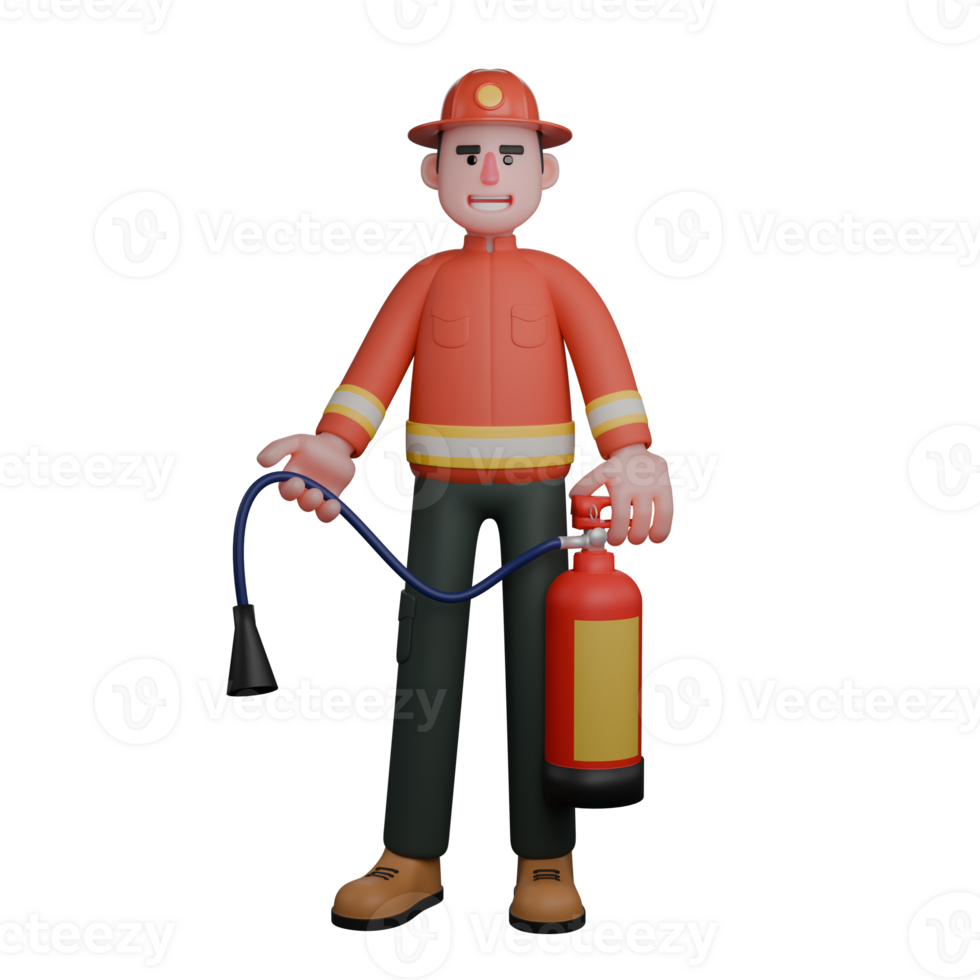 Professional Firefighter in 3D.A firefighter is standing by holding a water fire extinguisher. Male png