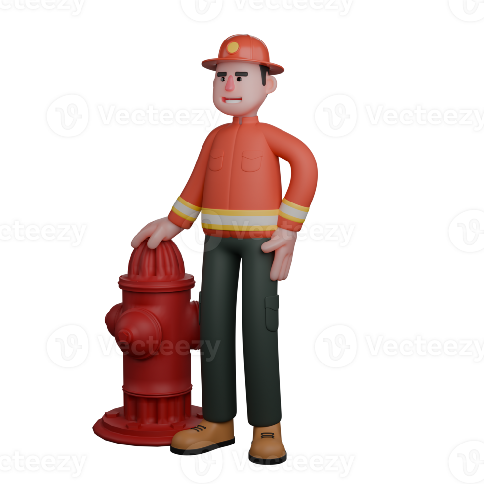 Illustration of Male Firefighting Professional. A firefighter is standing with his right hand a Fire Hydrant. 3D Firefighter png