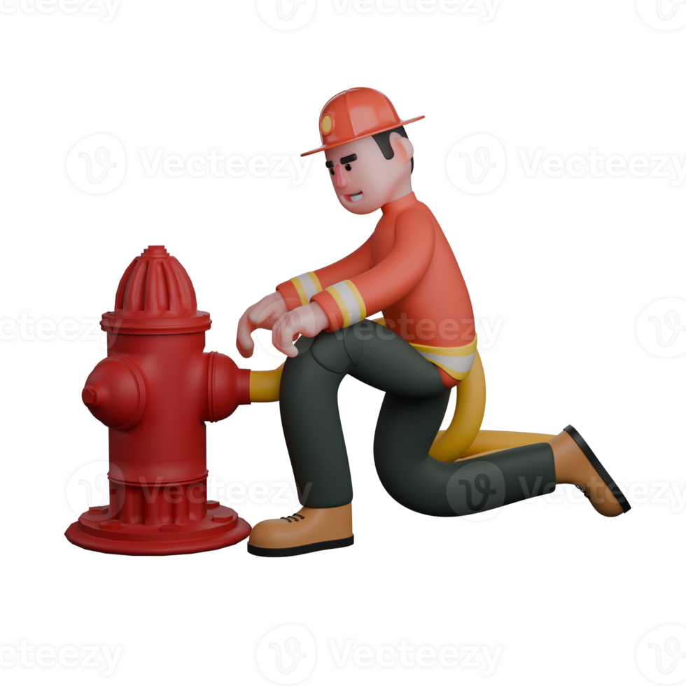 Male Firefighter Cartoon Character. A firefighter kneeling facing a fire hydrant png