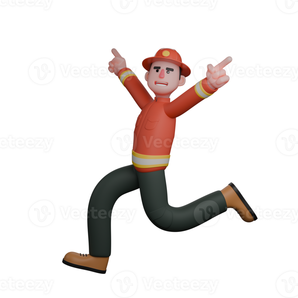 3D Cartoon of Male Firefighter. A firefighter is running with both hands raised. Professional png
