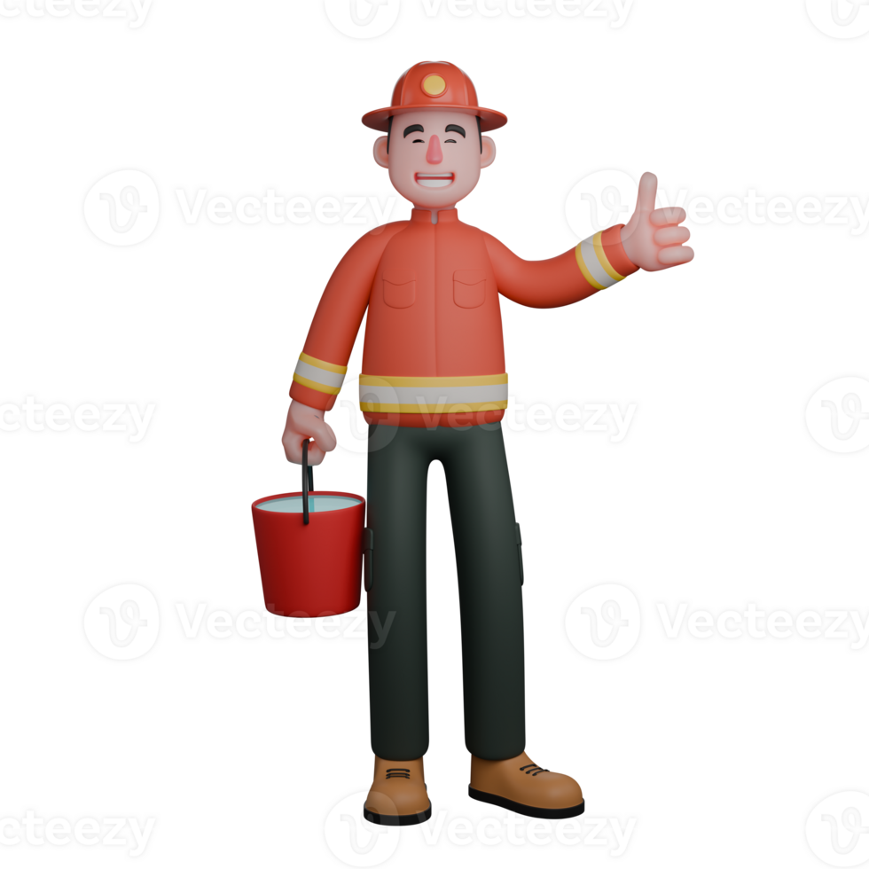 Professional 3D Rescue. A firefighter stands with his right hand holding a bucket while the other hand gives a thumbs up. Male png