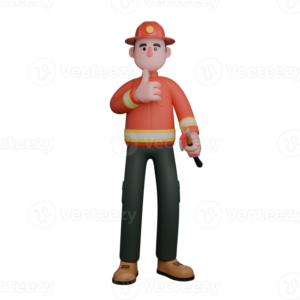 Professional Male Rescue Character. A firefighter standing with his left hand holding a screwdriver while his right hand gives a thumbs up. 3D Firefighter png
