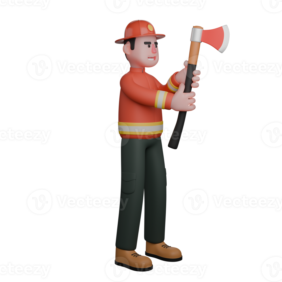 Rescue 3D Cartoon. A firefighter is standing while carrying an axe in both hands. Male Firefighter png