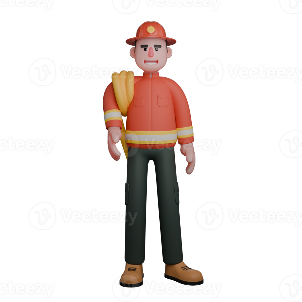 Professional Male Firefighter. A firefighter stands with a yellow fire hose on his right shoulder. 3D Cartoon png