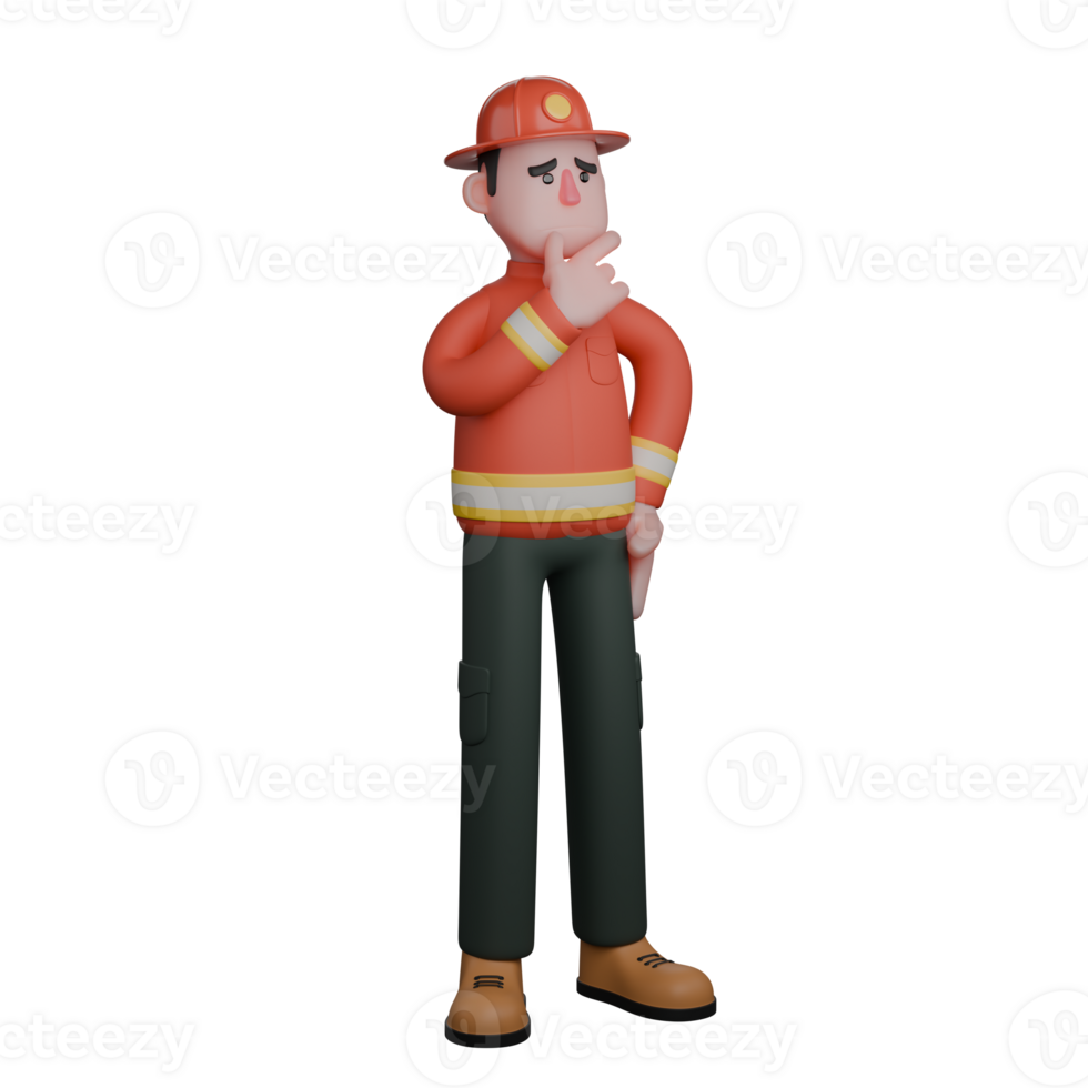3D Male Firefighter in Professional Role. A firefighter is standing with his right hand on his chin as if thinking about something. Rescue Cartoon png