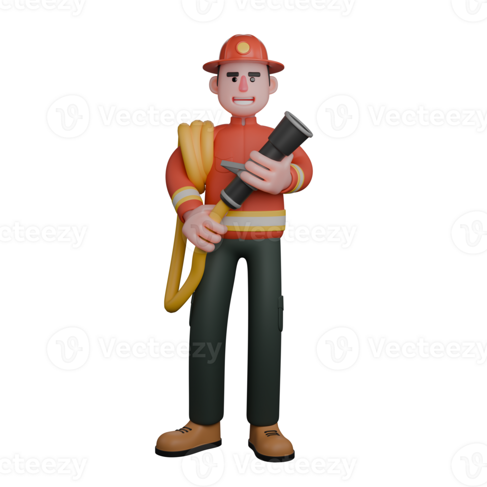 Male Firefighter in Rescue 3D. A firefighter is standing with both hands holding a fire hose. Professional png