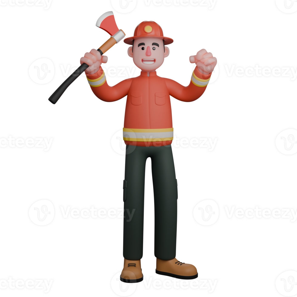 3D Model of Professional Male Firefighter. A fire extinguisher is standing with both hands slightly raised upwards and his right hand is carrying an ax. Cartoon png