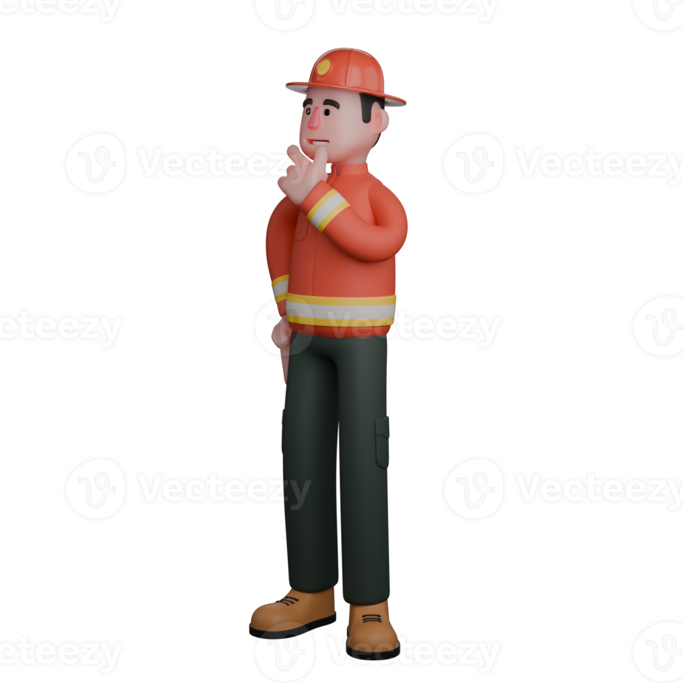 Rescue Professional Male. A firefighter is standing with his left hand on his chin as if he is thinking about something. 3D Firefighter Cartoon png